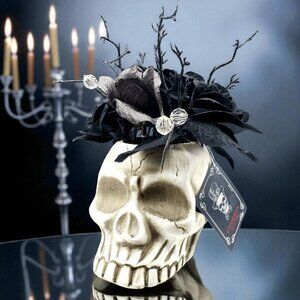 Darksome Gothic Skull Arrangement Floral Black Roses Gems Halloween Gothic Decor